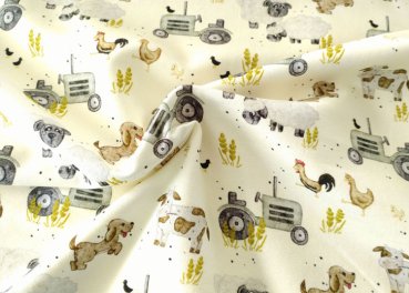 Happy Farm Hilco Sweat Kinderstoff in ecru mit Bauernhofmotiven French Terry geraut